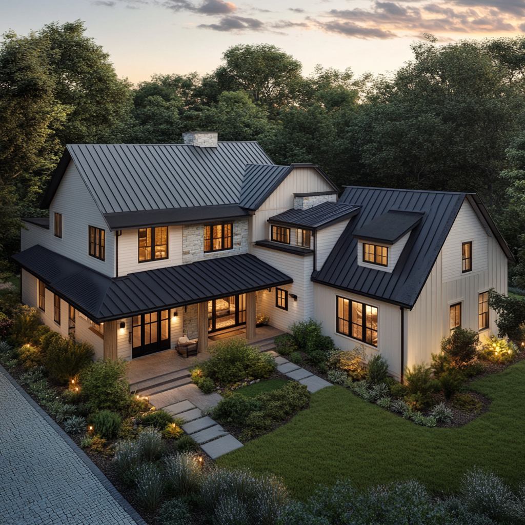 Aerial View of Modern Farmhouse with Mixed Siding