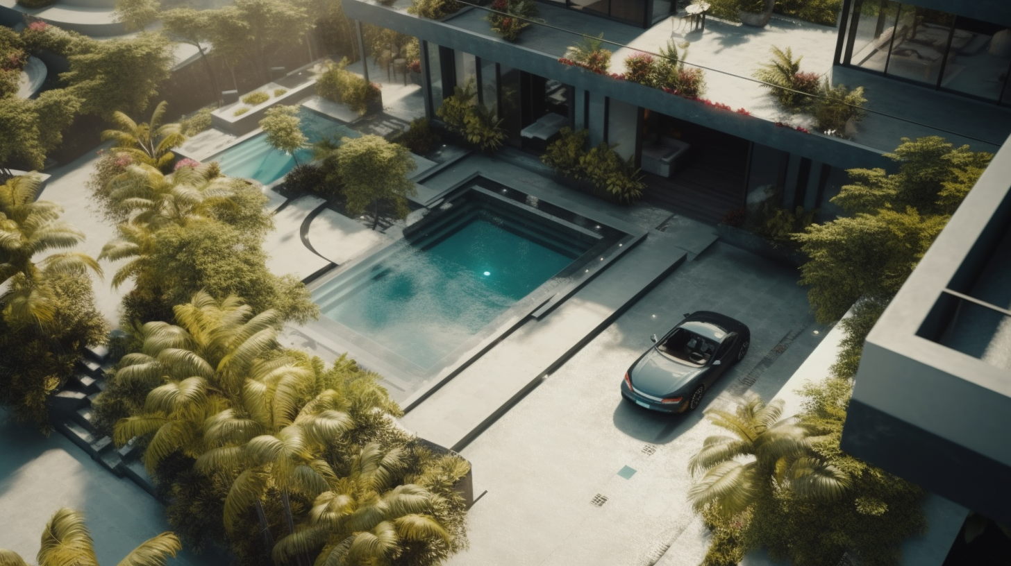 Aerial collage of luxury beachfront villa, car racing, party.