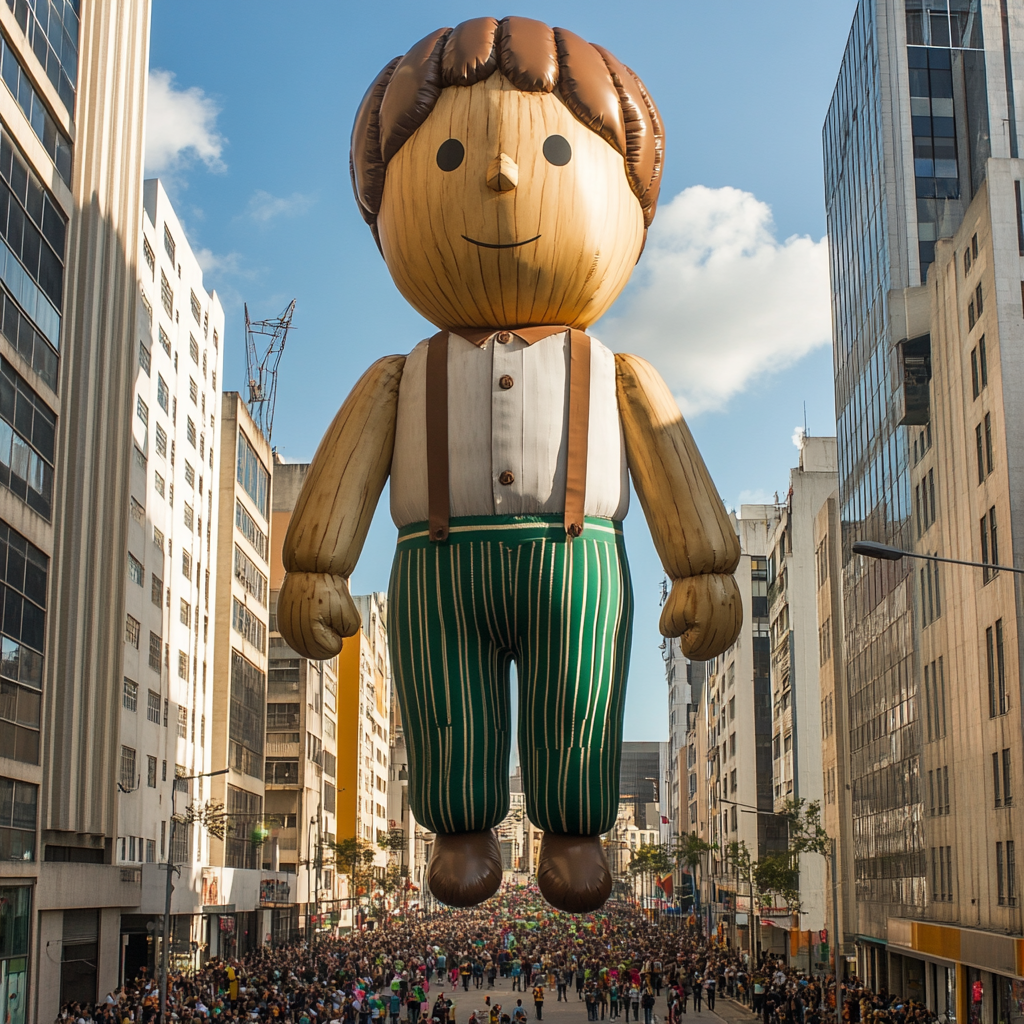 Aerial image of slim wooden doll balloon in parade.