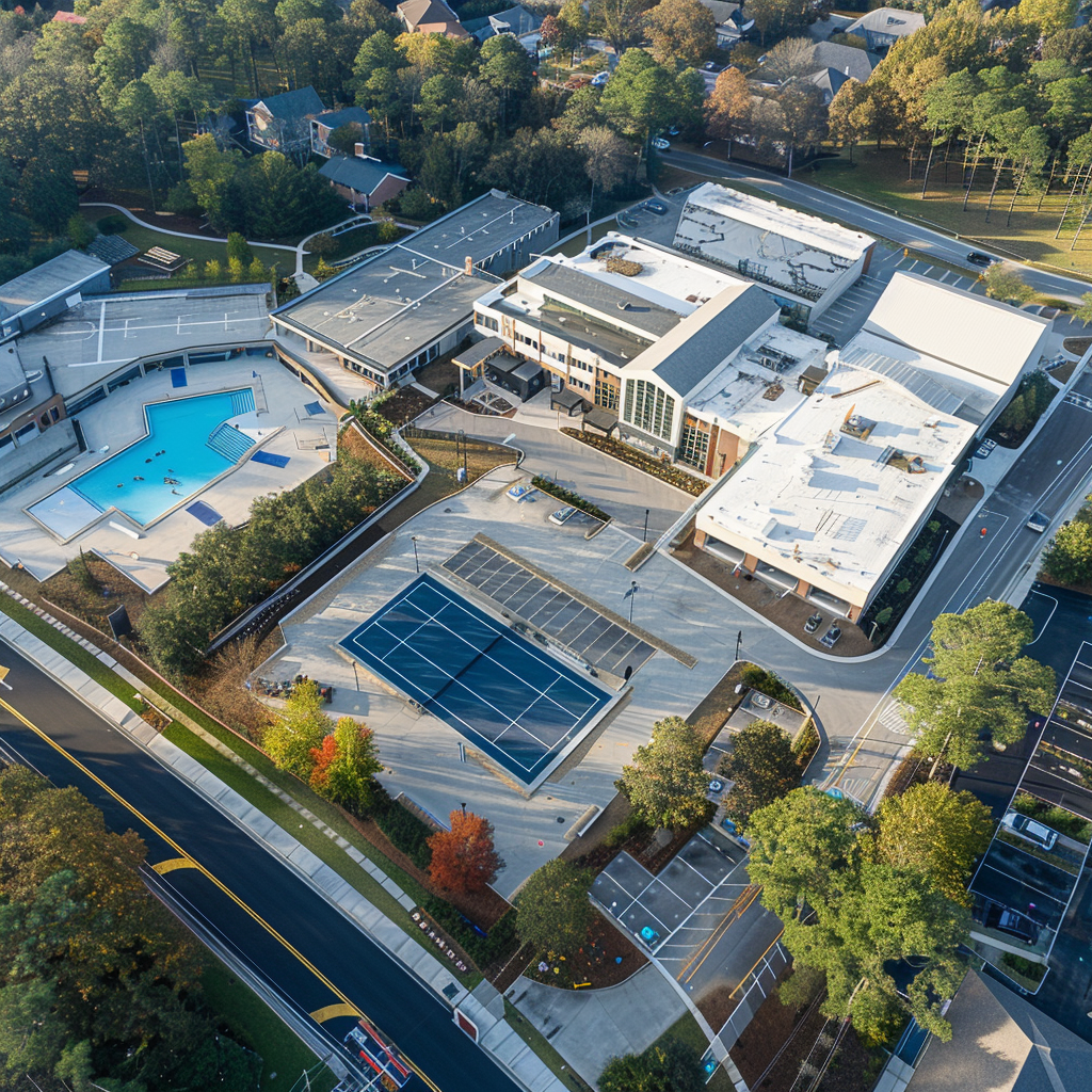 Aerial photo showing main gym, swimming pool, businesses.