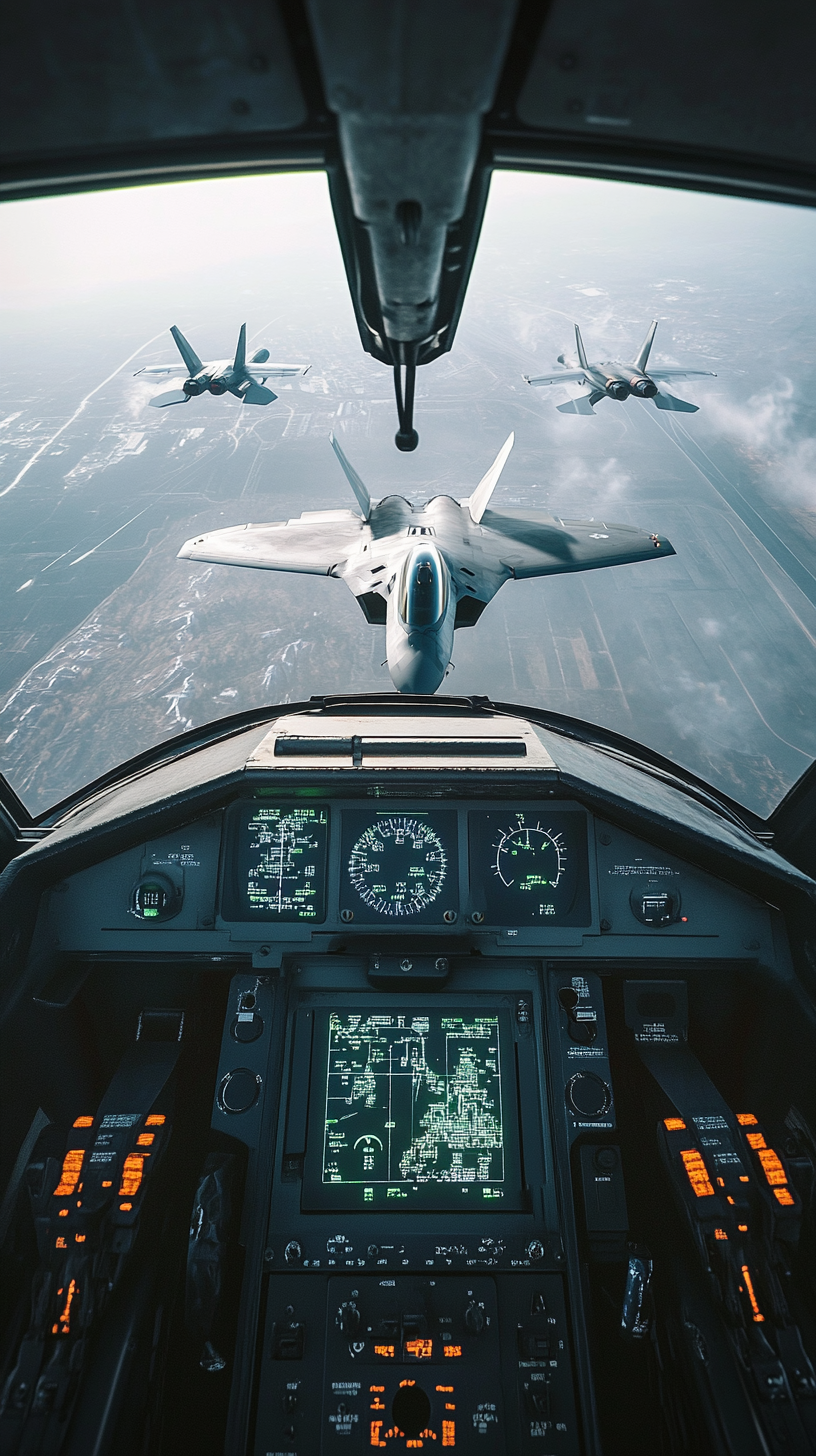 Aerial view from cockpit, tracking enemy F-15s below.