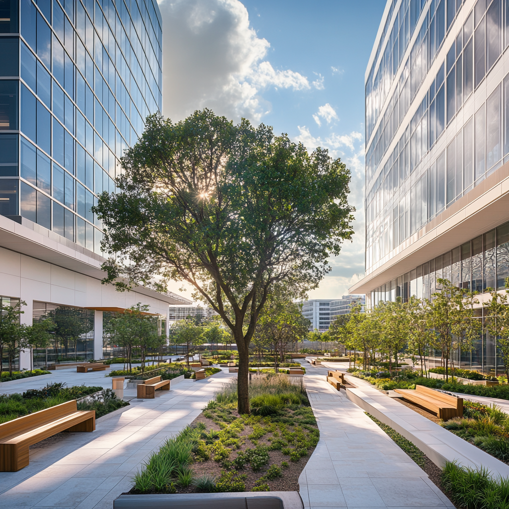 Aerial view of a modern downtown garden oasis