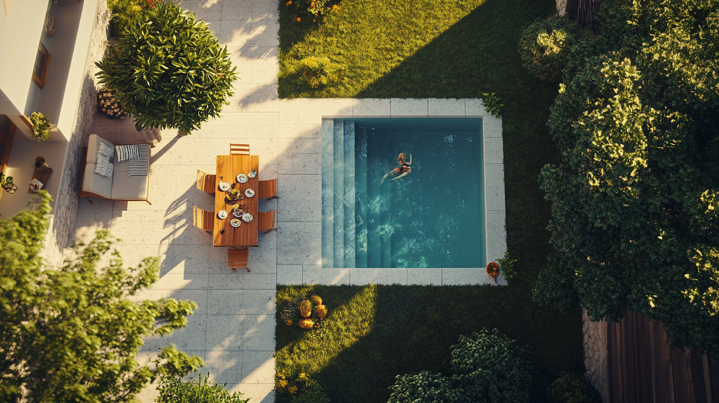 Aerial view of family breakfast by pool in Sicily.