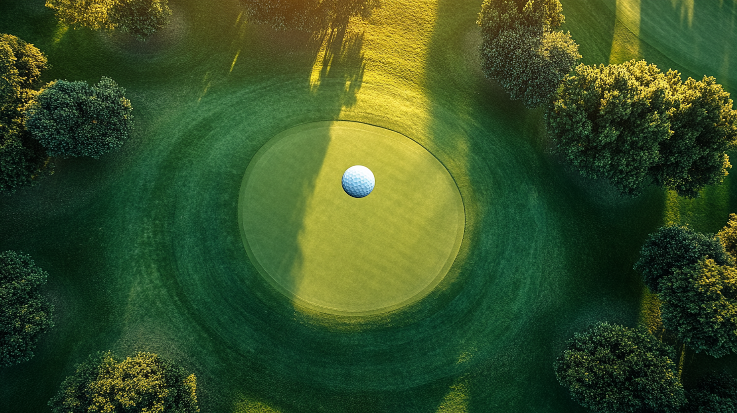 Aerial view of golf ball flying over course.