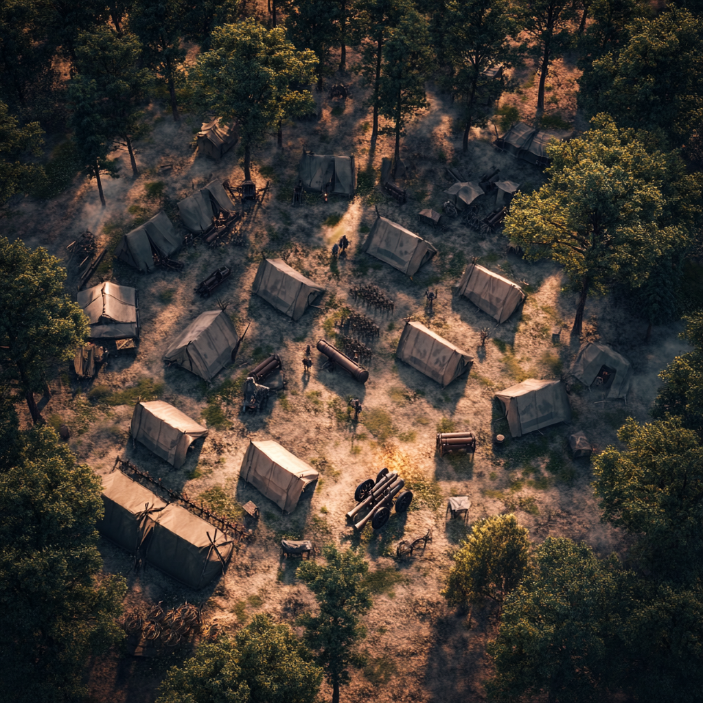 Aerial view of large medieval army camp