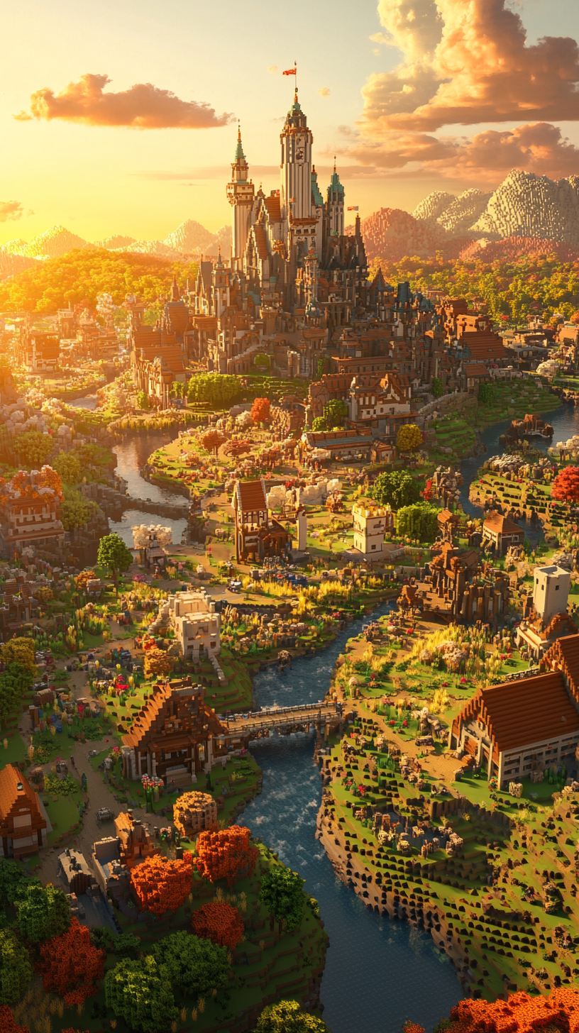 Aerial view of majestic Minecraft kingdom at sunset.