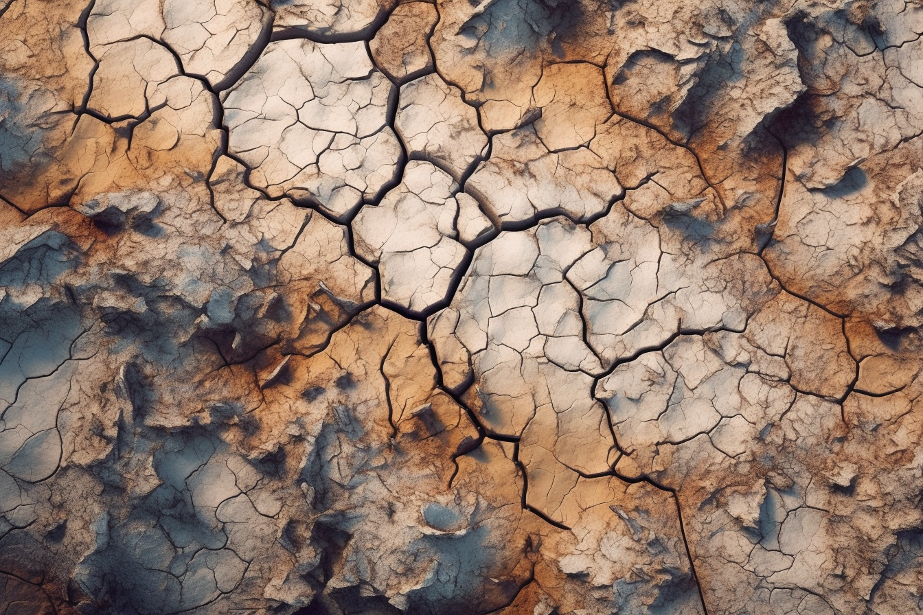 Aerial view of parched riverbed, cracked earth below.