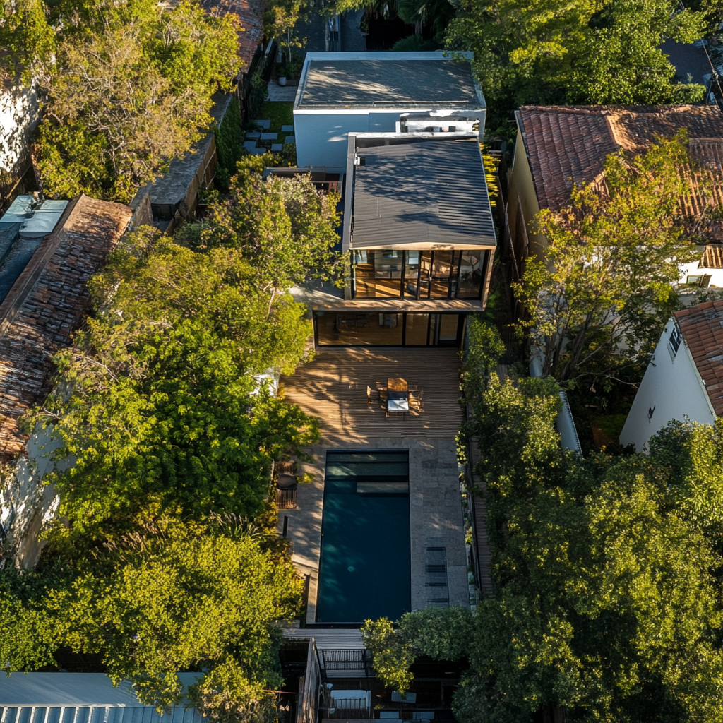 Aerial view of property with main and guest houses.