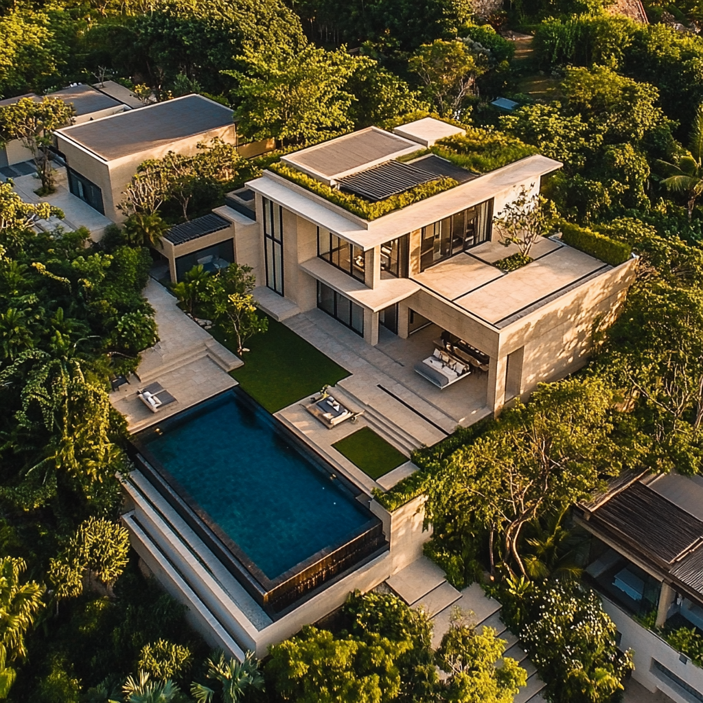 Aerial view of property with modern house, pool, guesthouse.