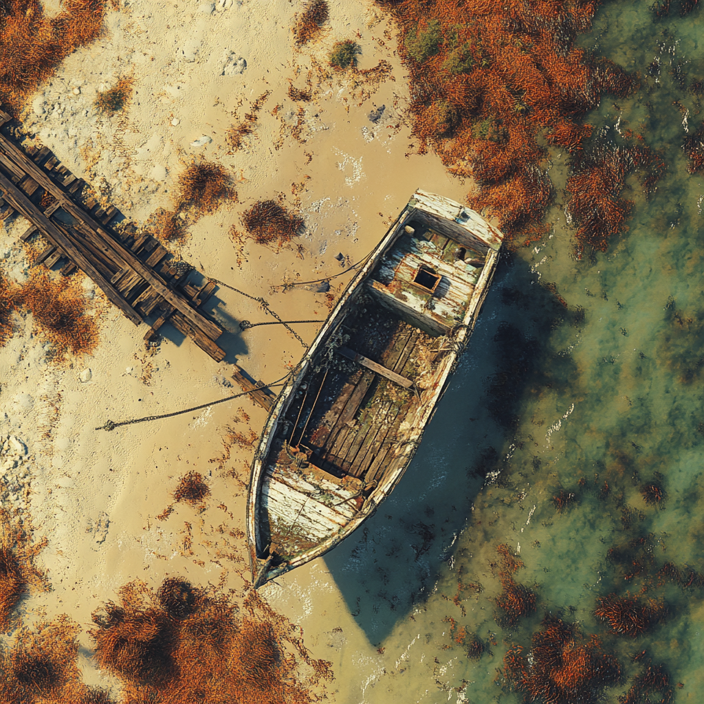 Aerial view of seashore with old boat and seagulls.