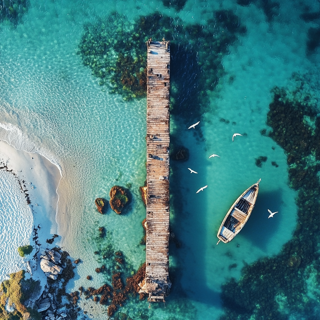 Aerial view of serene seashore and ruined pier.