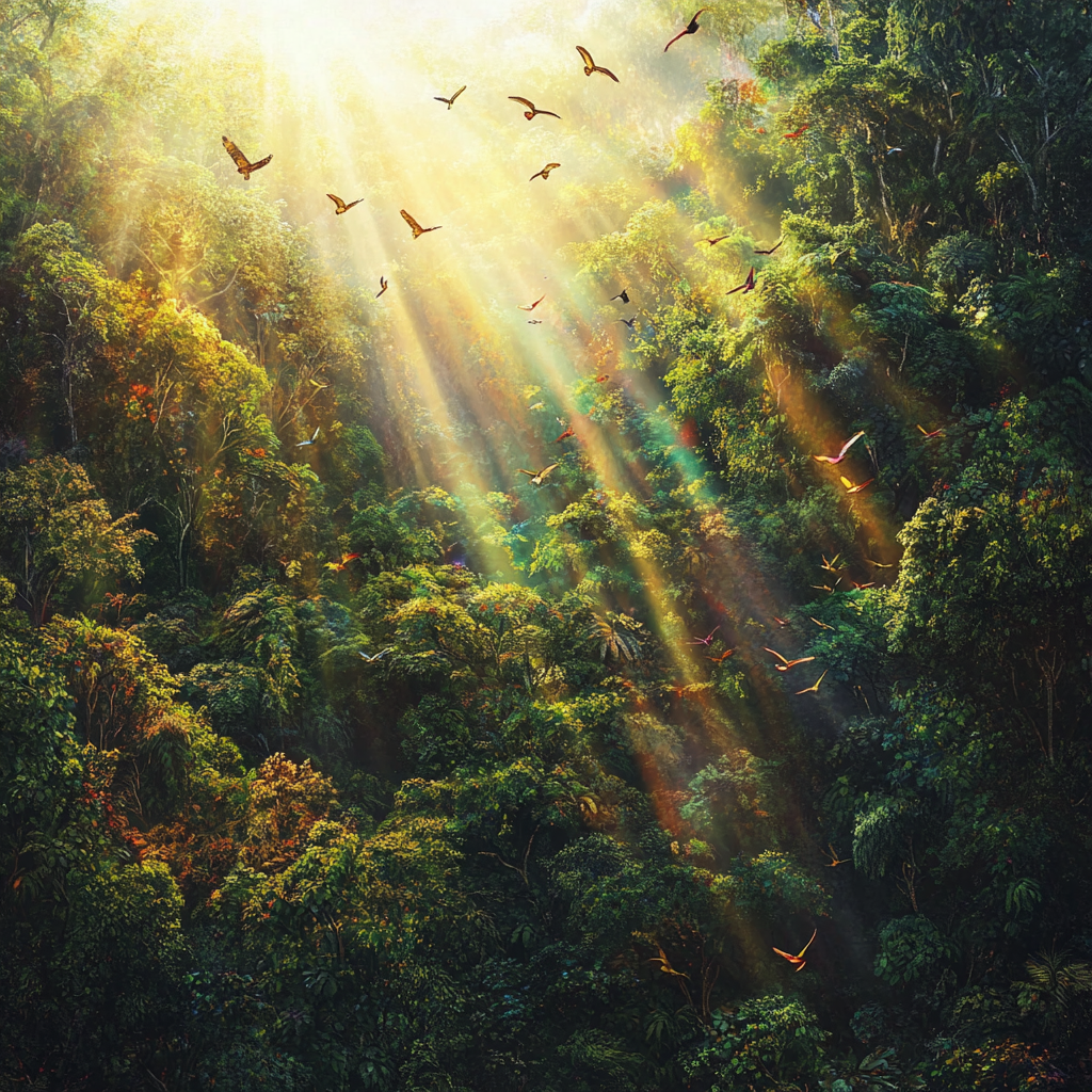 Aerial view of tropical rainforest canopy with birds 