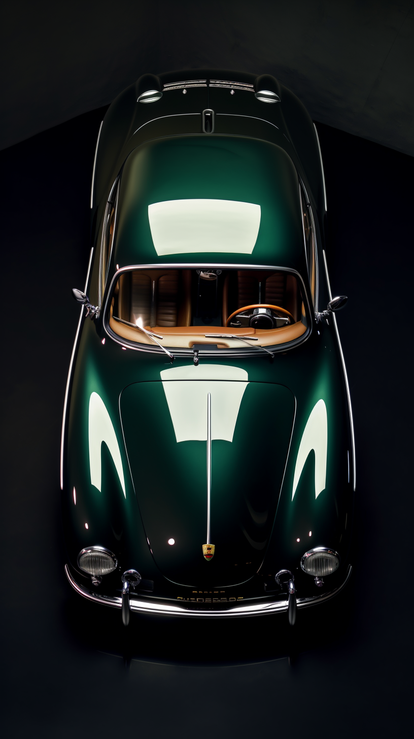 Aerial view of vintage car with metallic green body.