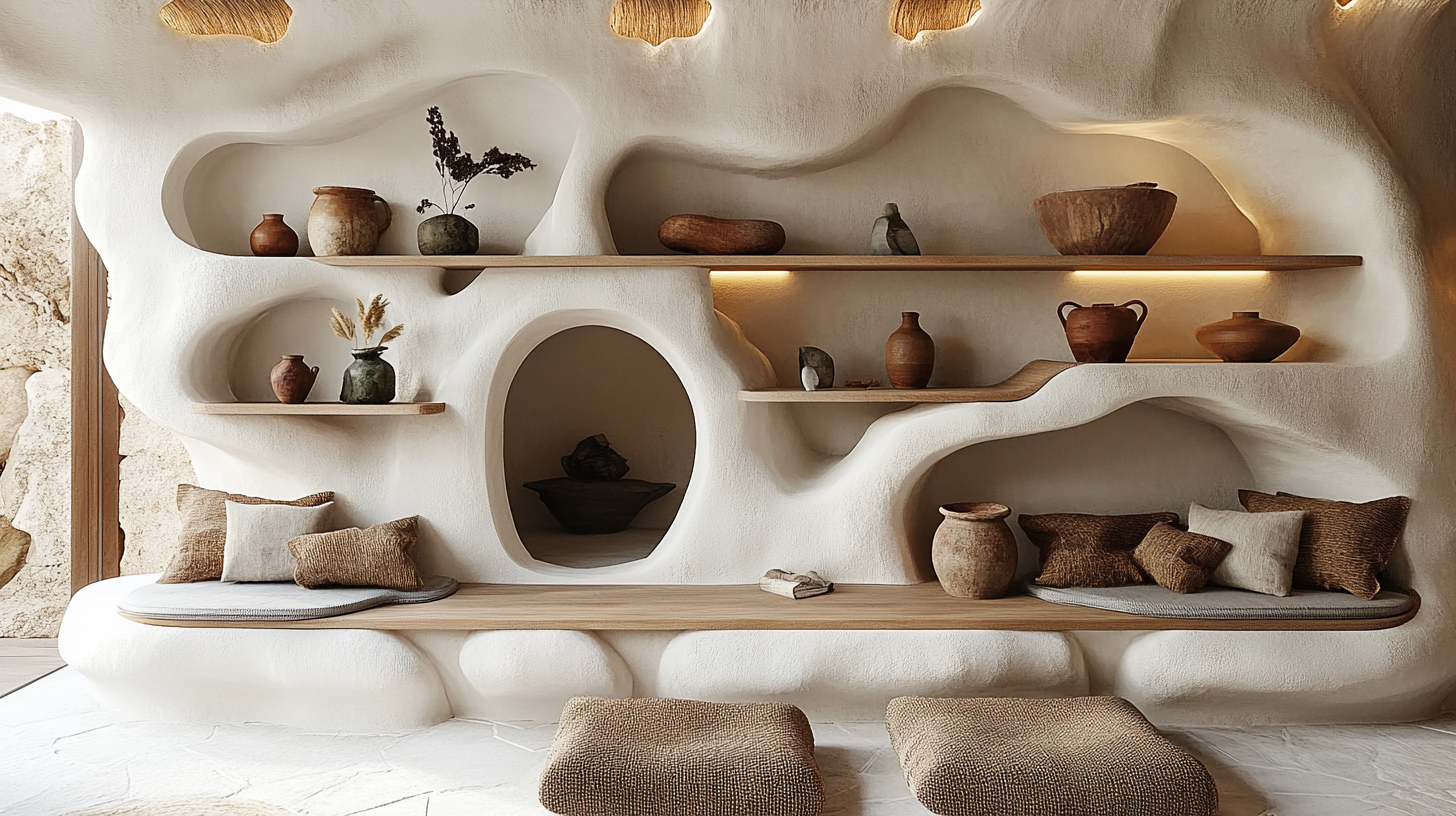 Aesthetic room with shelves, warm tones, soft lighting.