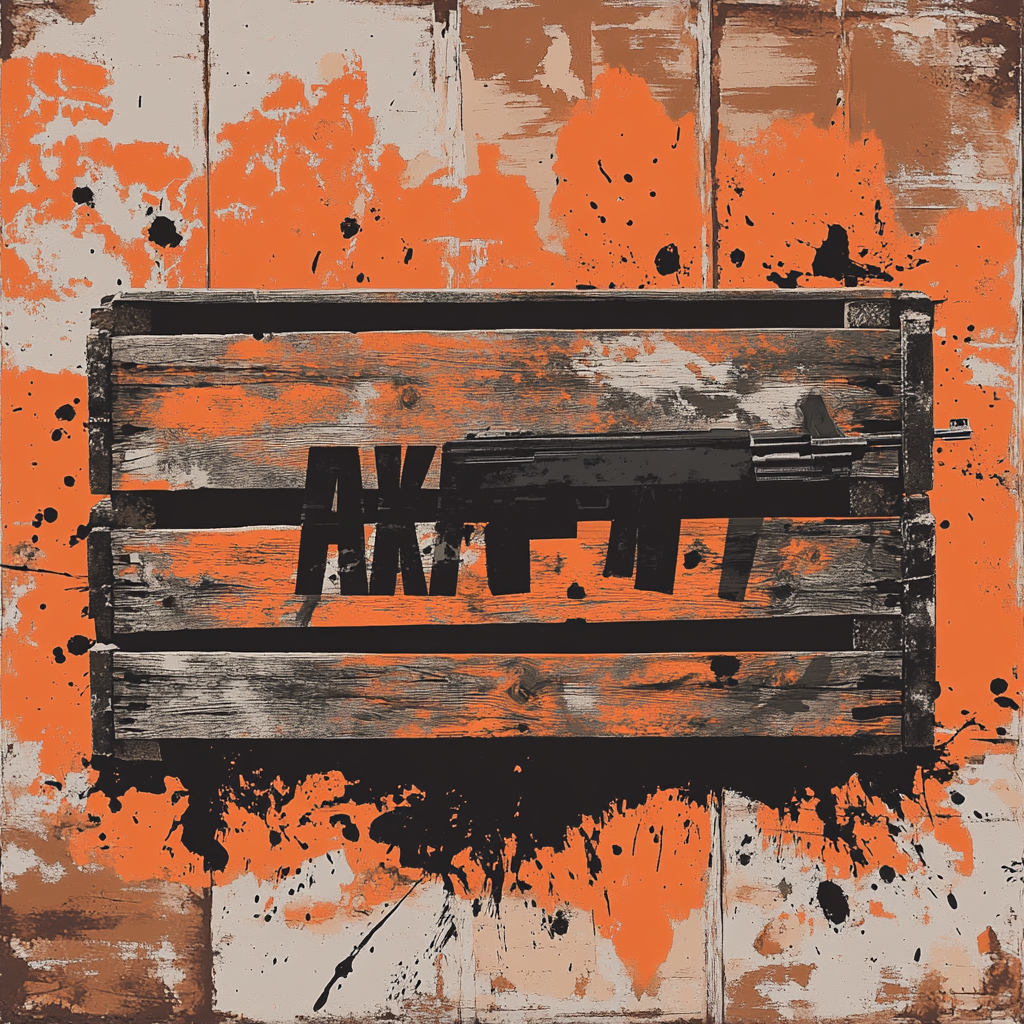 Aesthetic wooden crate design with 'AK-47' stenciled text.