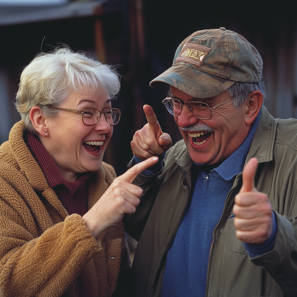 Affluent older couple laugh at young person. Magazine photo.