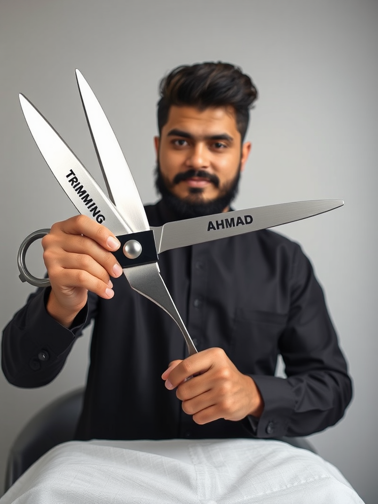 Afghan hairdresser shows 'Trimming Ahmad' with large scissors.