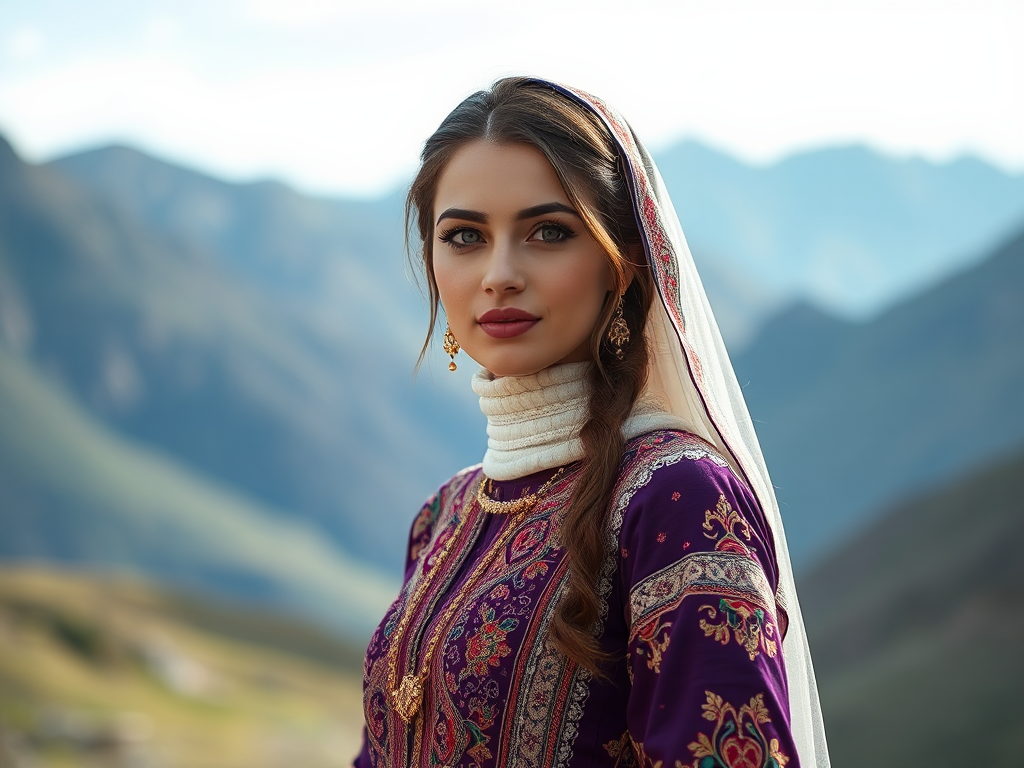 Afghanistani bride in traditional dress, with green eyes, photoshoot.