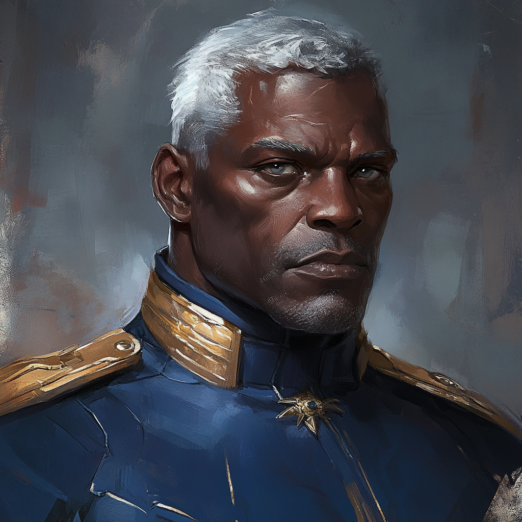 African American Colonel with short silver hair and grey eyes.