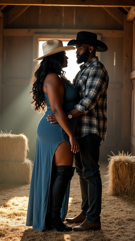 African American Couple Embracing in Rustic Barn