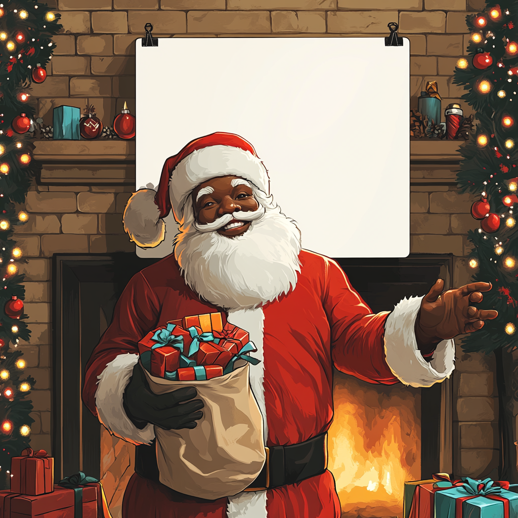 African American Santa with gifts by fireplace