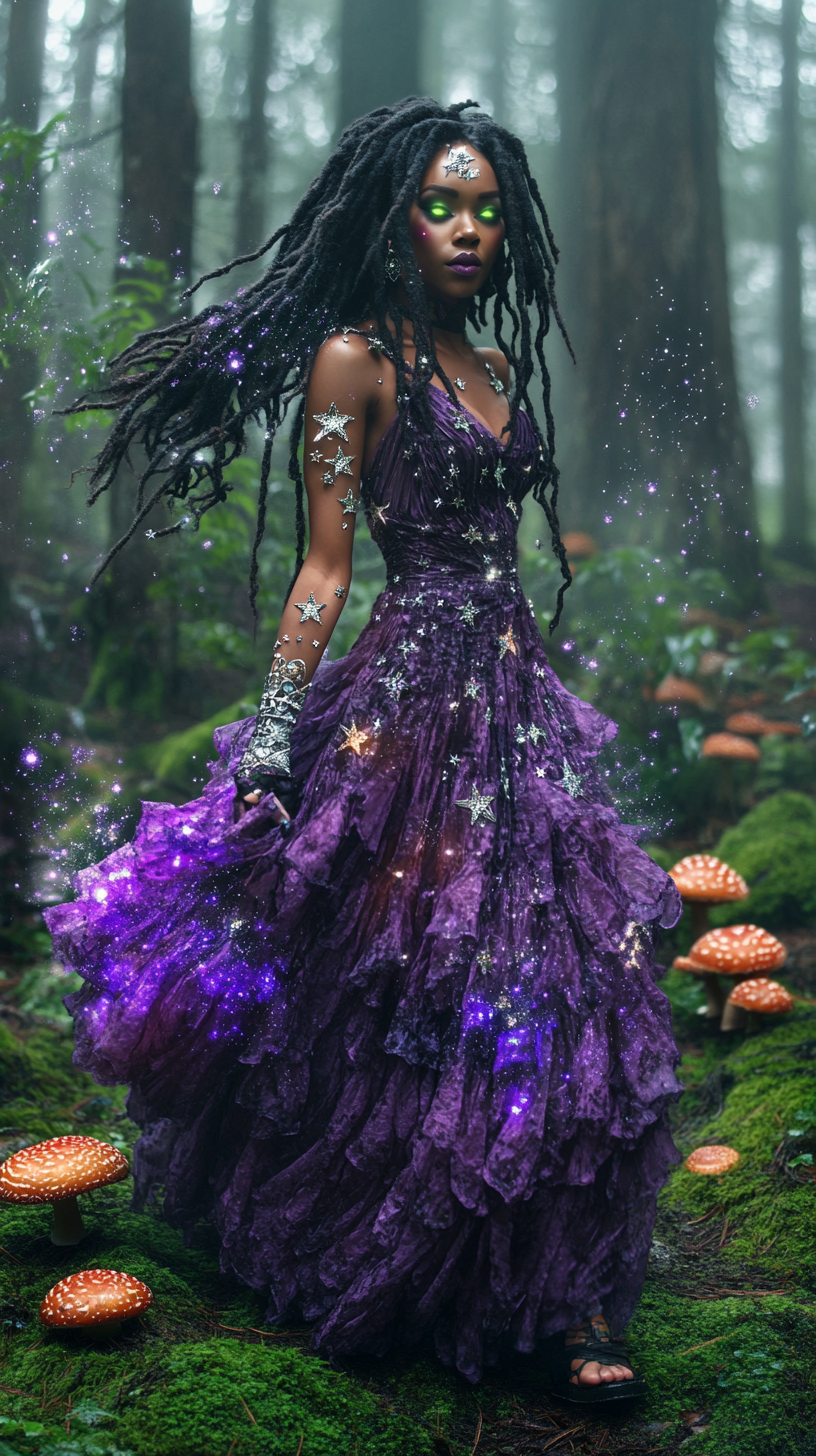 African American Woman's Magical Walk in Enchanted Forest