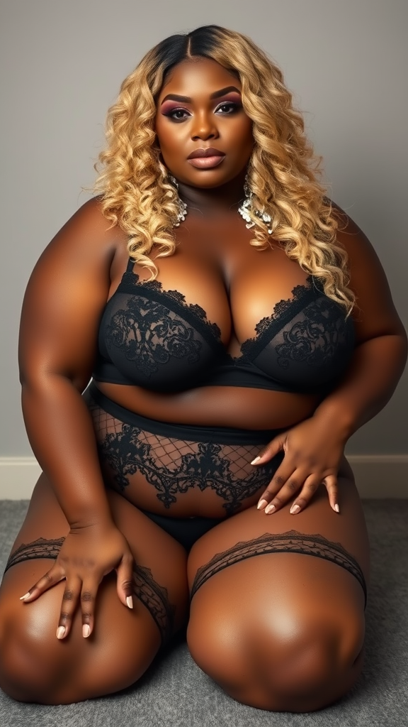 African American Woman Posing in Black Lingerie