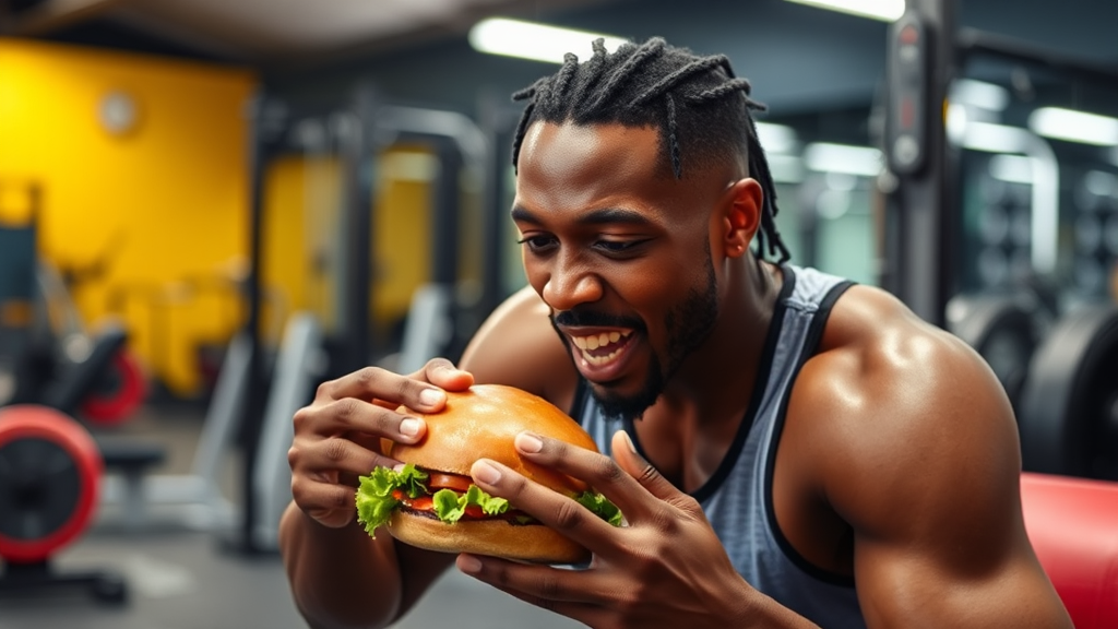 African American athlete eating burger at gym