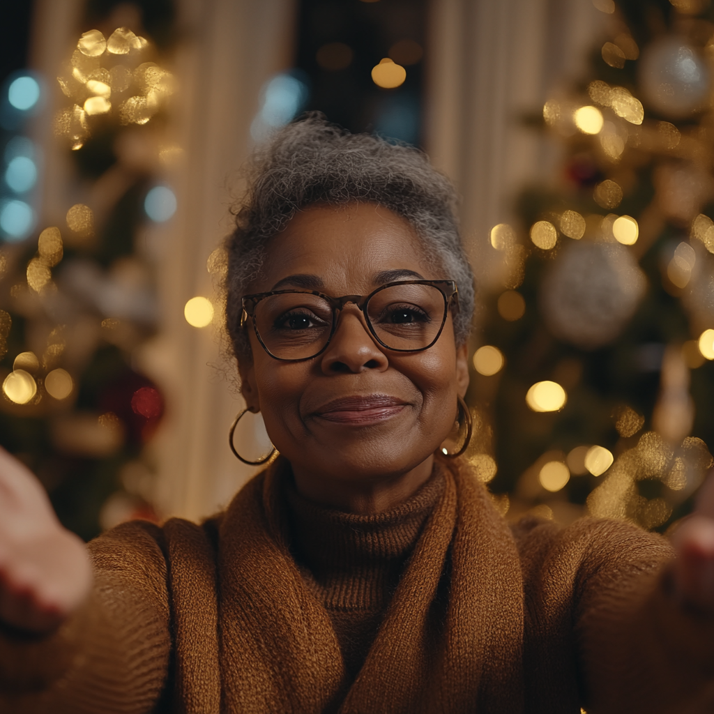 African American aunt hugs, Christmas decorations in background.