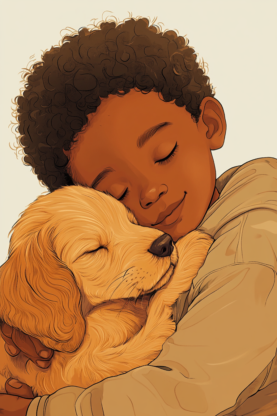 African American boy with puppy, showing special bond human-animal.