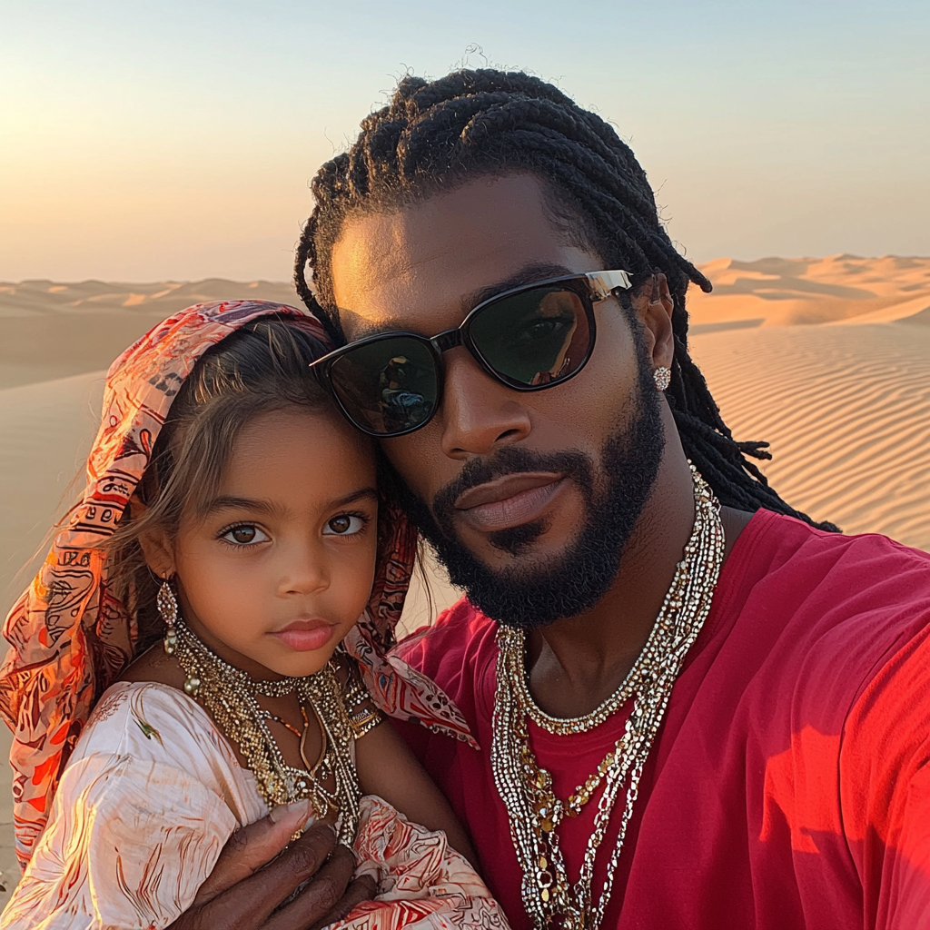 African American man, Arab wife, and daughter in Dubai desert sunset