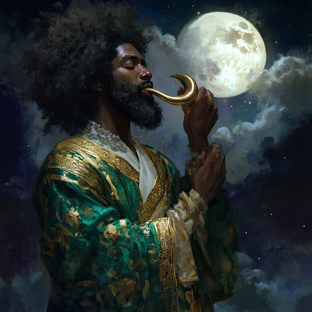 African American man with afro holds shofar horn.