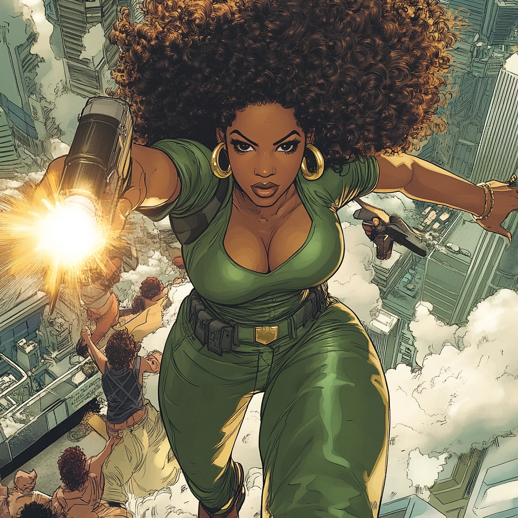 African American superhero saves curly African American women