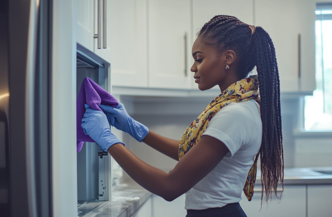 African American woman cleaning white kitchen cabinet, wearing gloves.