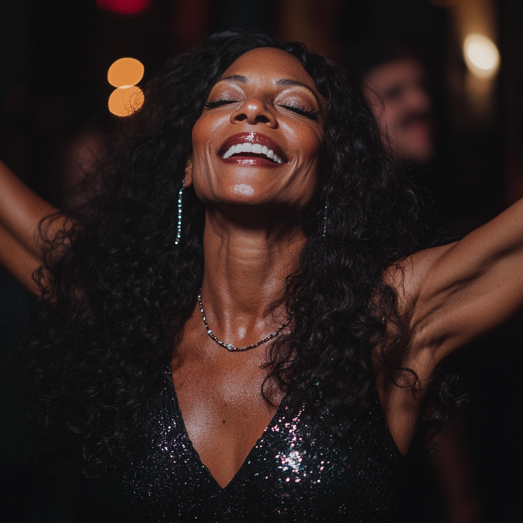 African American woman dancing at jazz lounge birthday party.