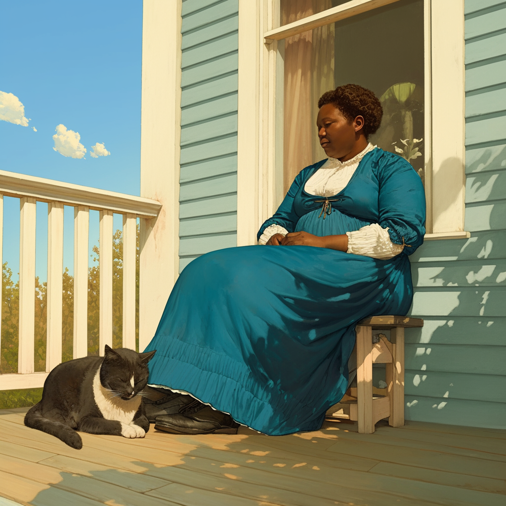 African American woman in blue dress with white cat.