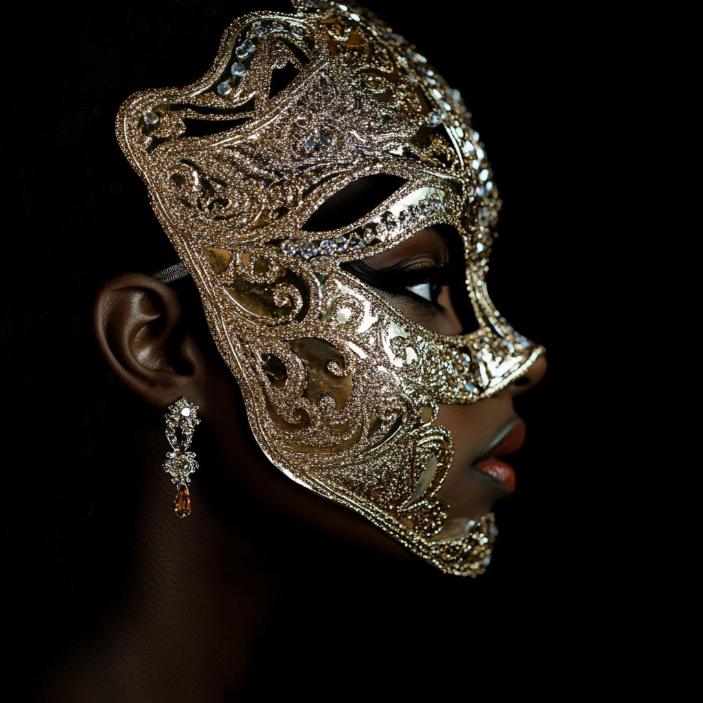 African American woman in gold and silver mask.