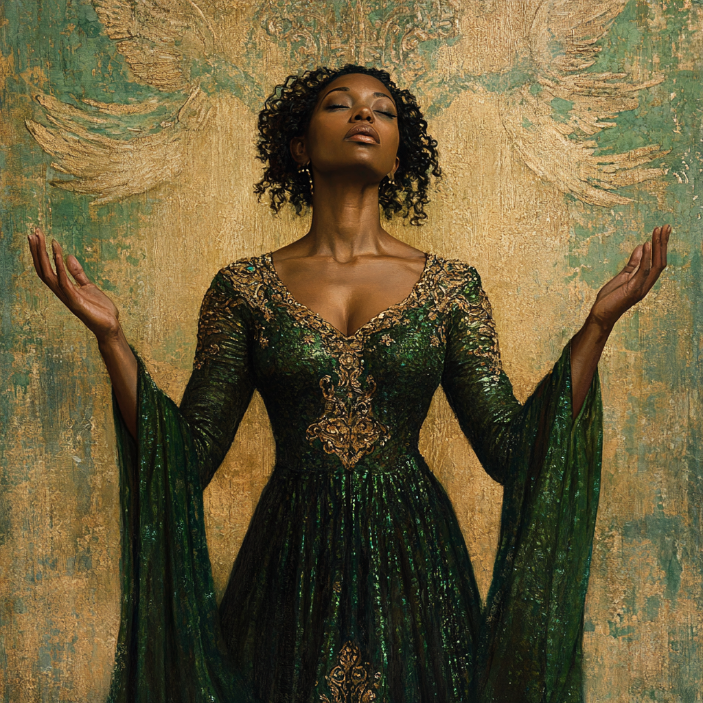 African American woman in royal dress praying, gold bronze.