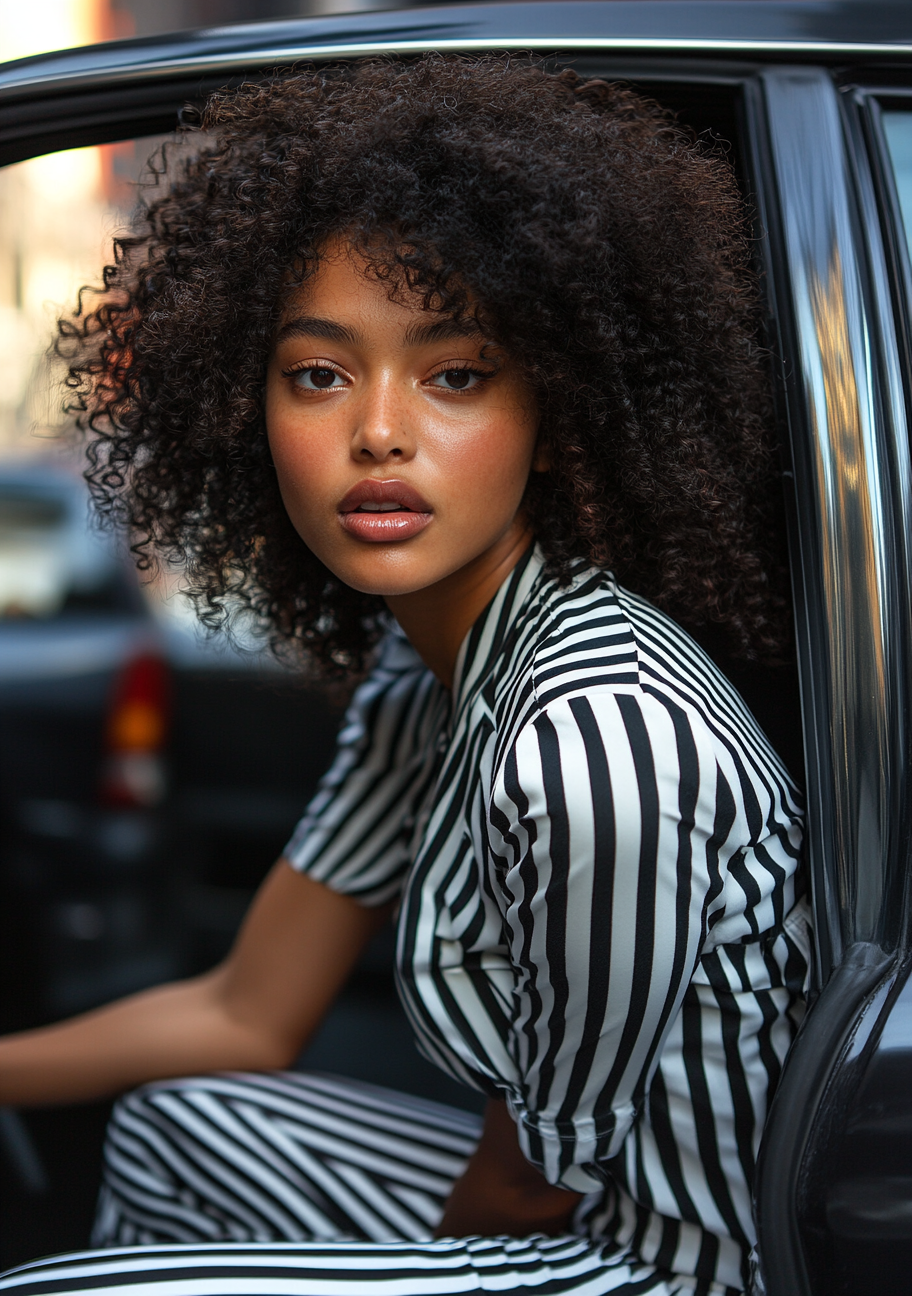 African American woman in striped jumpsuit posing in car.