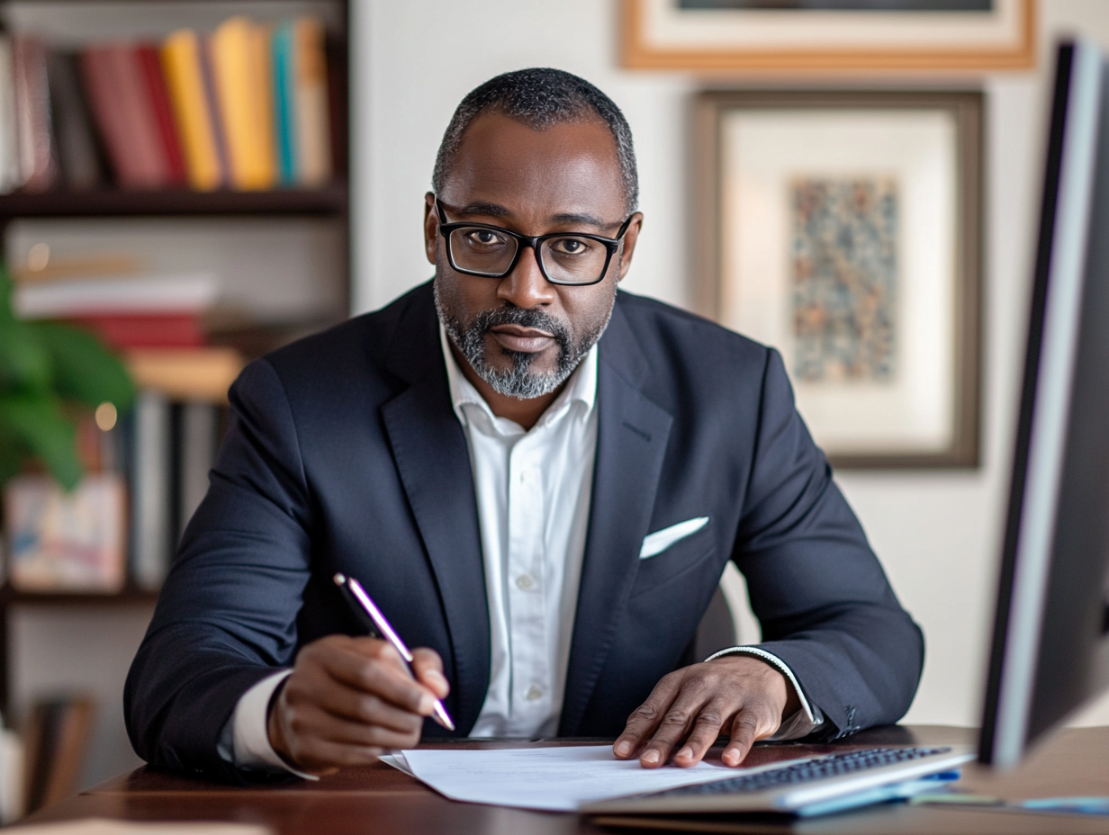 African Art Expert Authenticating in Office with Computer