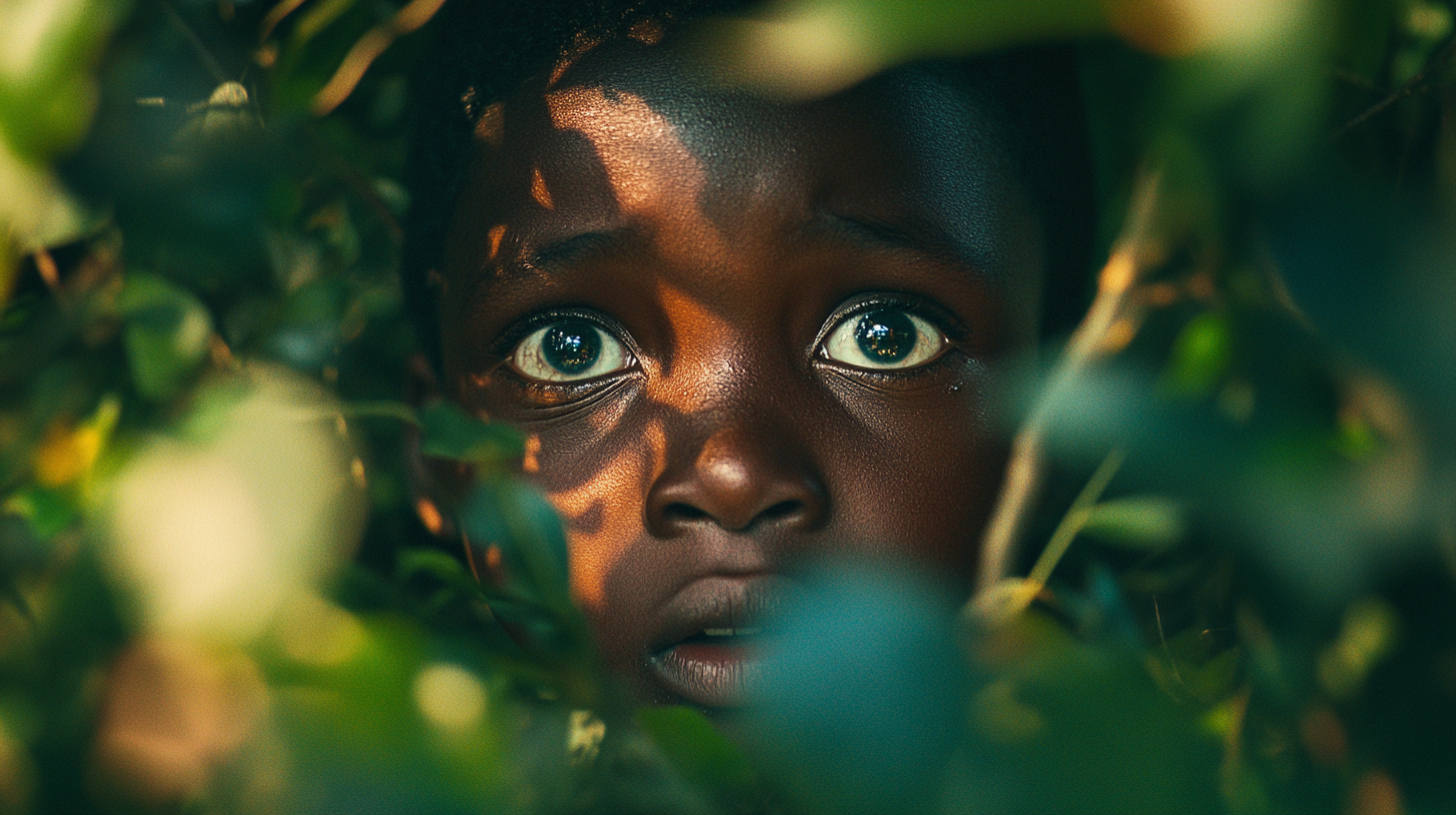 African Boy Staring Through Bush Opening in Shock