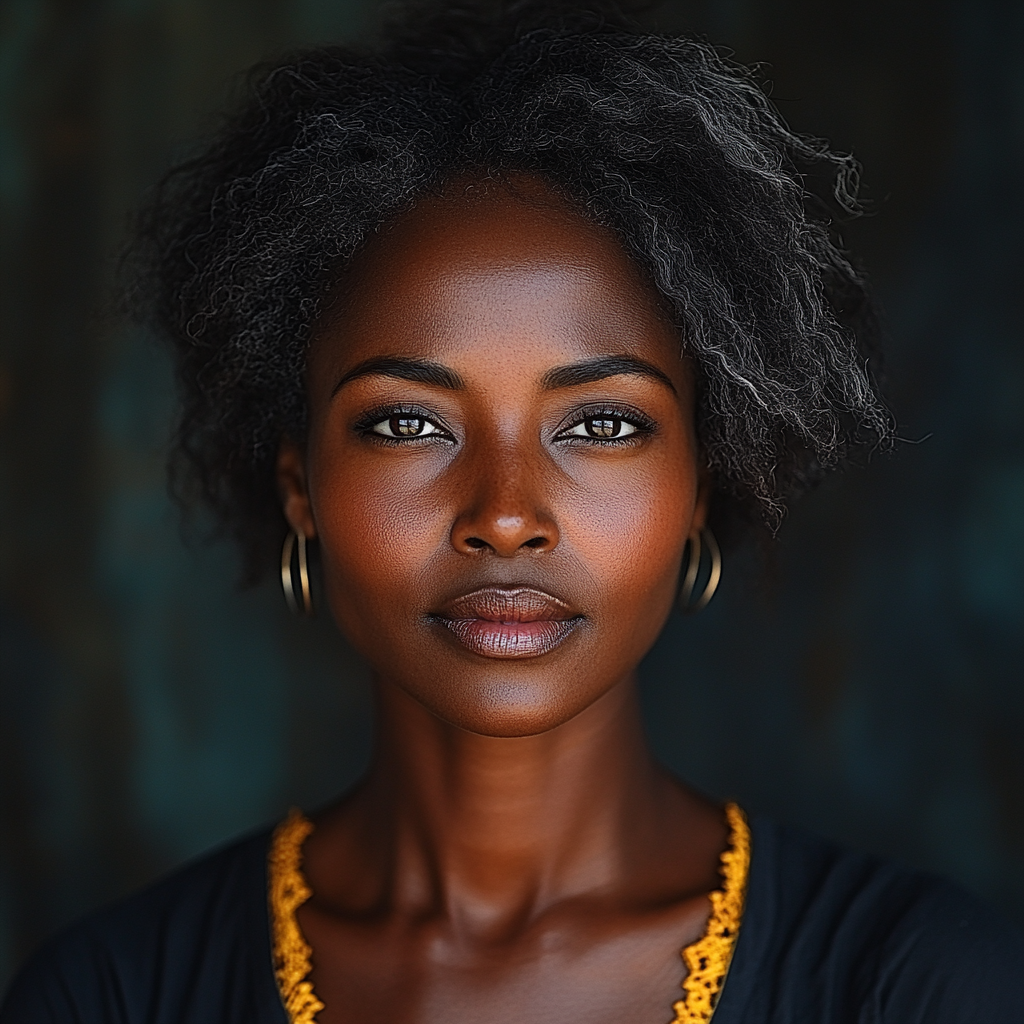 African Caribbean lady with Asian features, slight moon face