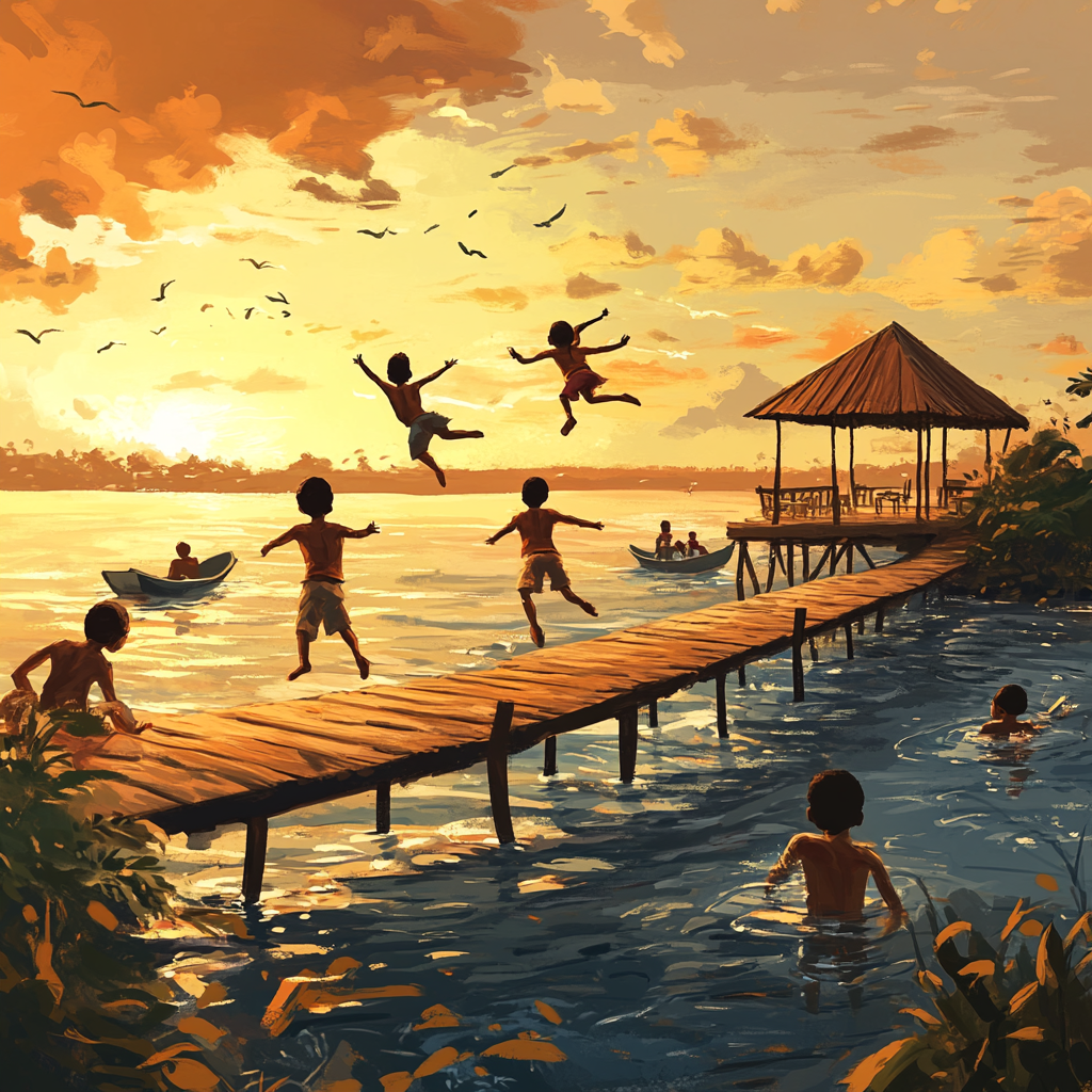 African Children Jumping and Swimming in Lake AI Cartoon