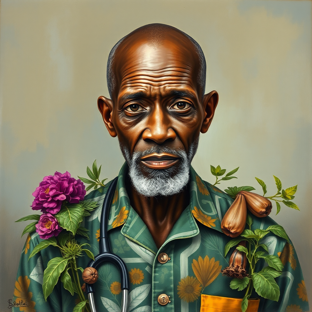 African Doctor Surrounded by Herbs and Paints