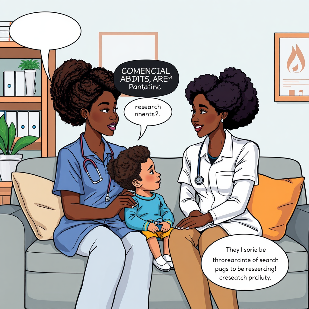 African Mom, Child, Nurse Discussing Study on Sofa