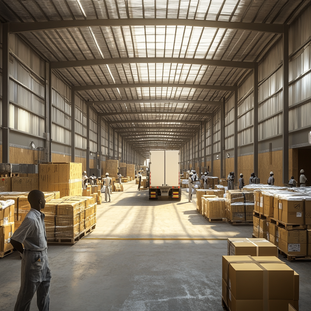 African Package Delivery Facility with Workers Loading 