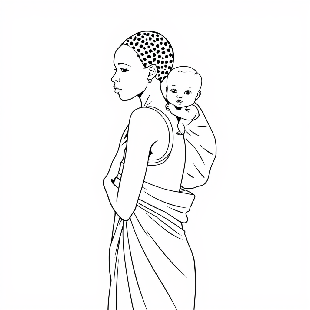 African Village Mother and Baby Outline Drawing