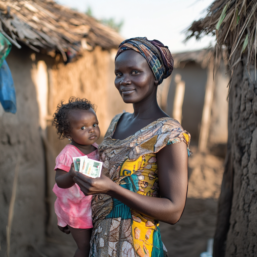 African Woman and Daughter With Money Expressing Gratitude