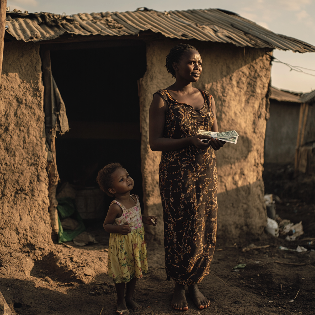 African Woman with Daughter Gratefully Holds Money