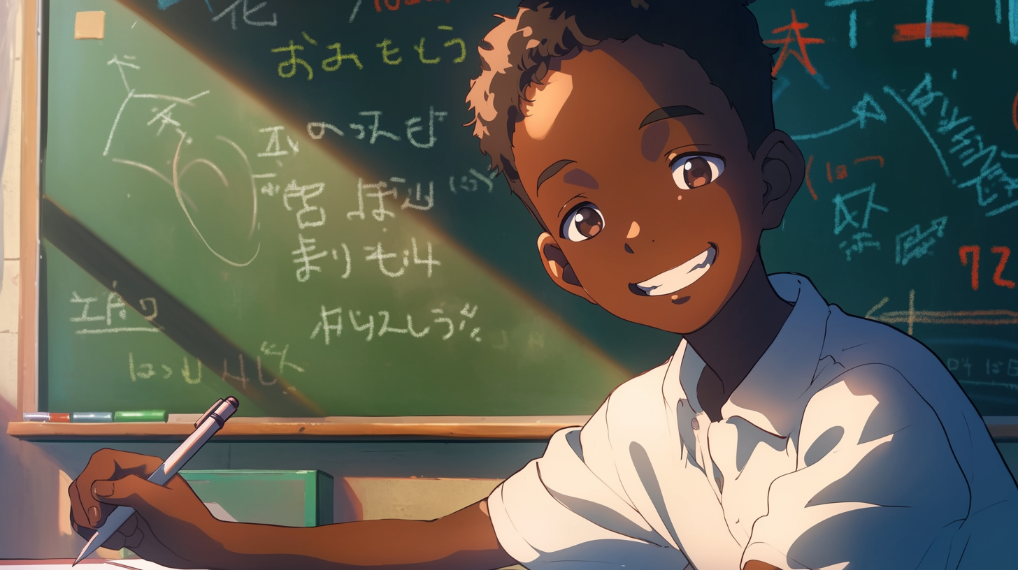 African boy happily doing math on chalkboard.